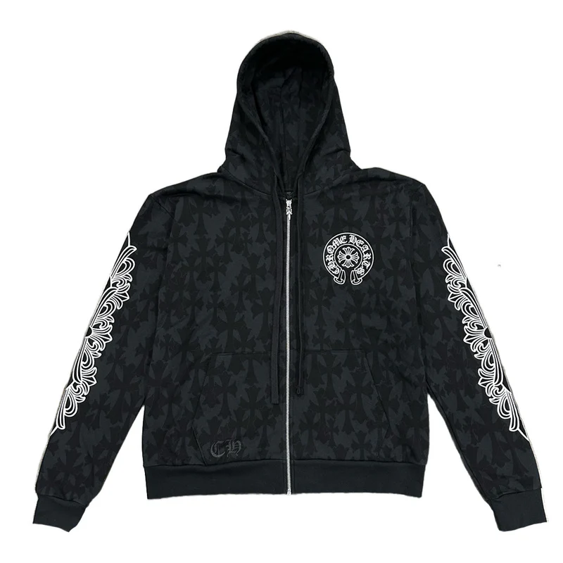 Bluza z kapturem zapinana na zamek z nadrukiem krzyża cmentarnego Chrome Hearts Bluza z kapturem zapinana na zamek z nadrukiem krzyża cmentarnego Chrome Hearts