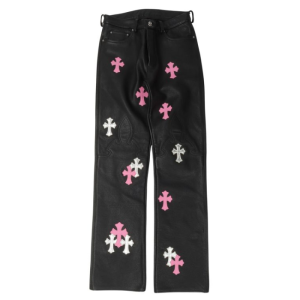 Spodnie skórzane Chrome Hearts Fleur z krzyżem na kolanach